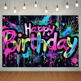 Neon Happy Birthday Banner - 71X43 Photography Backdrops, Party Background Decorations, Colorful Graffiti Splash Paint Kids Birthday Supplies, Glow In The Dark
