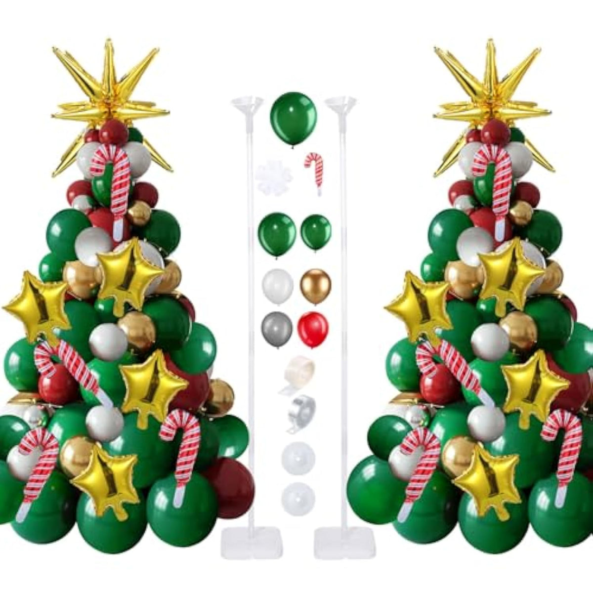 2 Christmas Tree Balloon Stand Kits with Candy Foil Balloons and Gold Star Decor