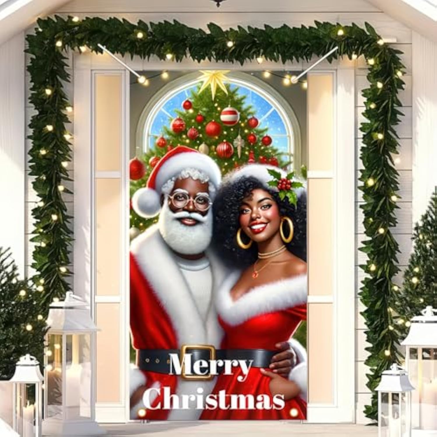 Christmas Door Cover Santa & Mrs. Claus Door Hanging Banner Backdrop 71 X 35 Inch Merry Christmas Door Cover Photography Background Christmas Party Home Decor For Front Door New Year Photo
