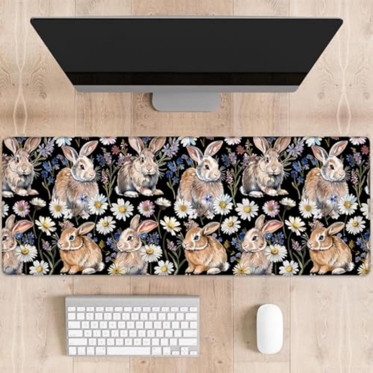Floral Bunny Gaming Mouse Pad, Cute Rabbits With Daisies Large Desk Mat For Computer, Extended Keyboard Laptop Mouse Pads 31.5×11.8In, Non Slip Rubber Mousepad For Office Decor Gifts