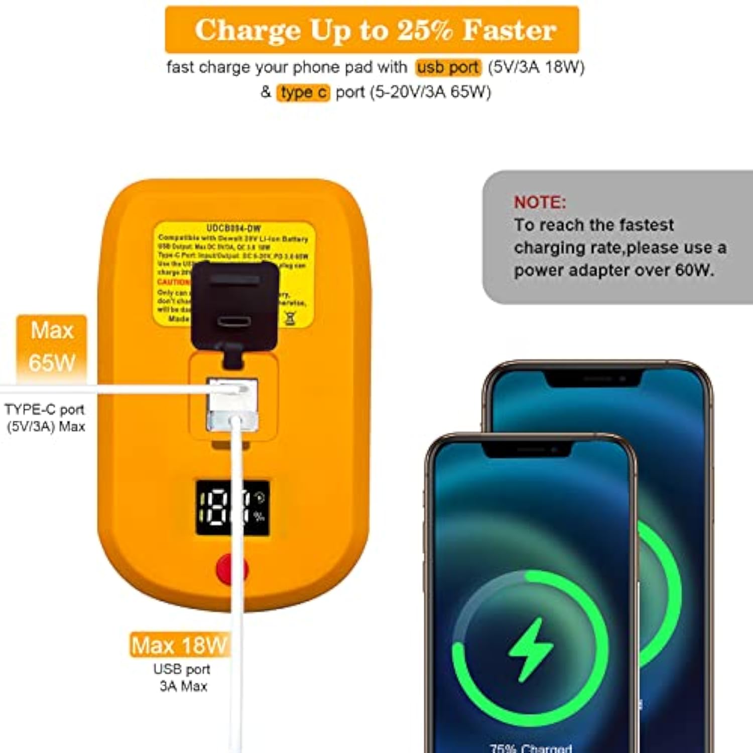 65W Usb Battery Adapter For Dewalt 20V 60V Battery, Fast Charger With Type-C And Usb Ports, Lcd Display