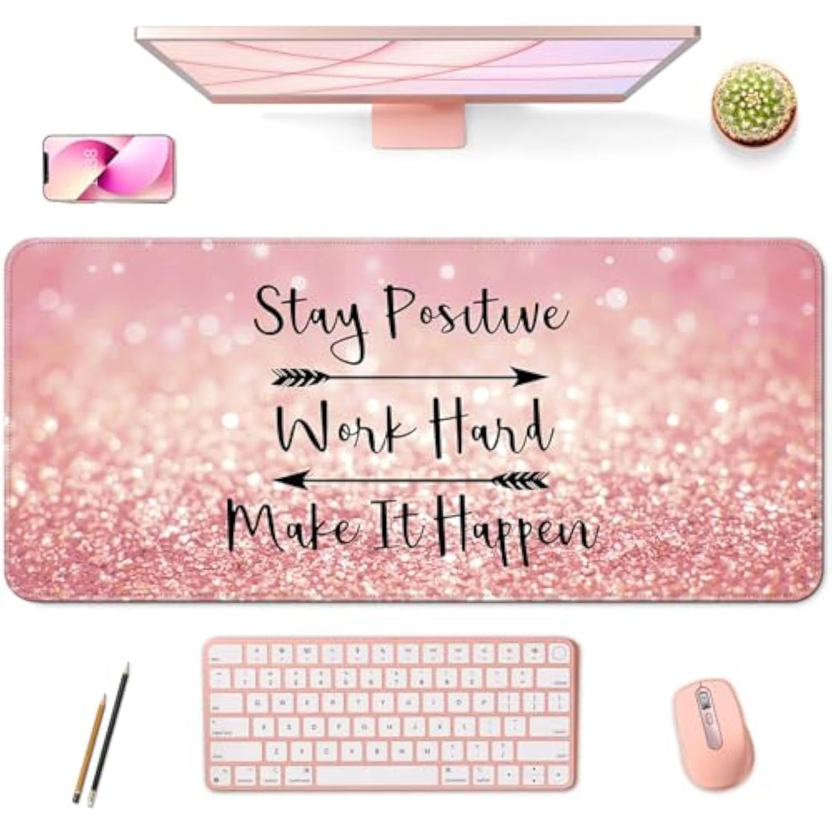 Desk Mat,Large Mouse Pad 35''×15.6'' Xxl Extended Gaming Mouse Pad Mat With Non-Slip Base Stitched Eges Mousepad For Computer,Office,Keyboard And Laptop - Pink Stay Positive