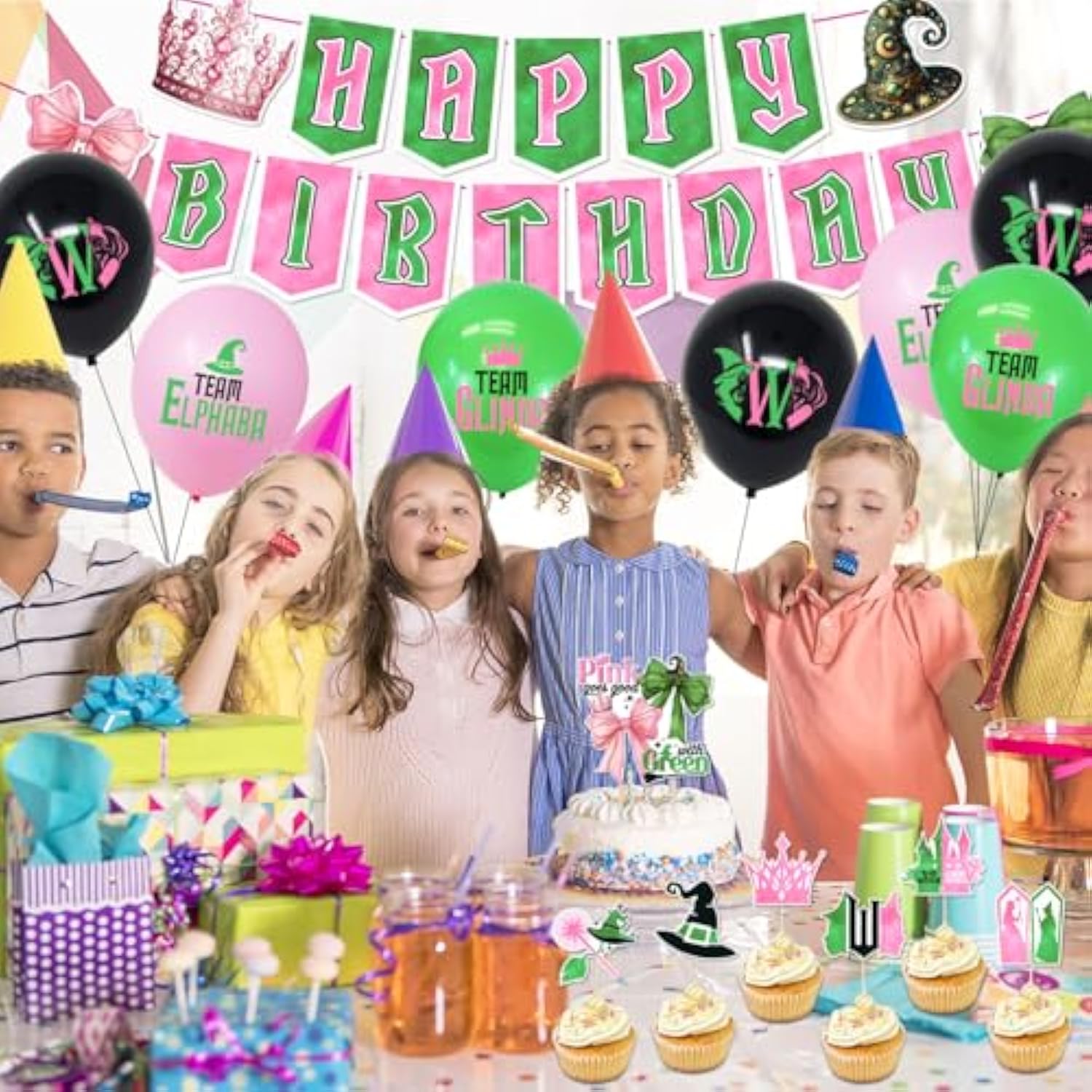 Pink And Green Party Decorations Happy Birthday Banner Bows Cake Toppers Cupcake Toppers And Balloons Princess Witch Birthday Party Decoration Crown Witch Hat Castle