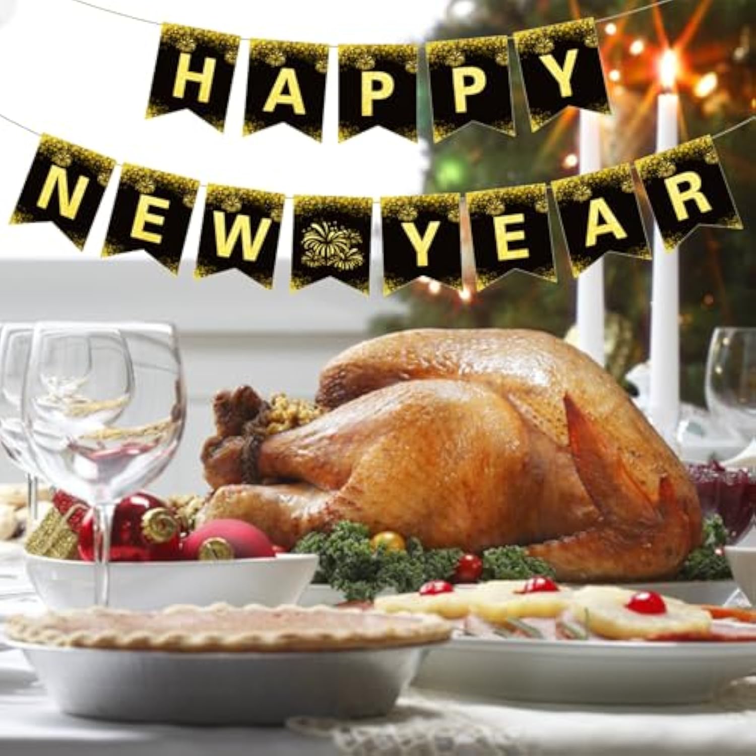 Happy New Year 2025 Black Gold Banner Indoor Outdoor Party Decor