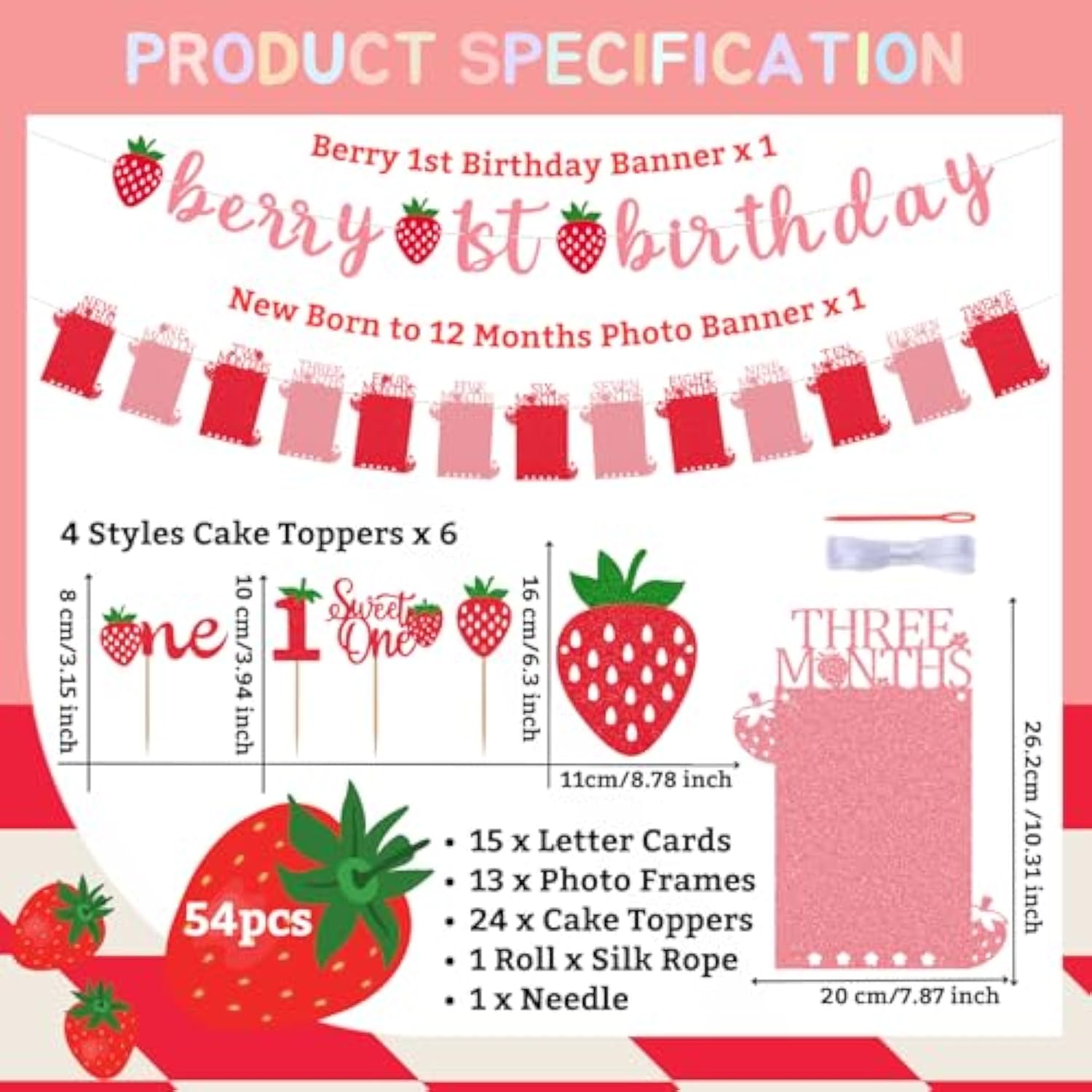 Glitter Strawberry First Birthday Photo Banner From Newborn To 12 Months Sweet One Berry 1St Birthday Party Decorations Monthly Milestone Picture Garland Banner For Girls Baby Shower, With 24Pcs Cake Toppers