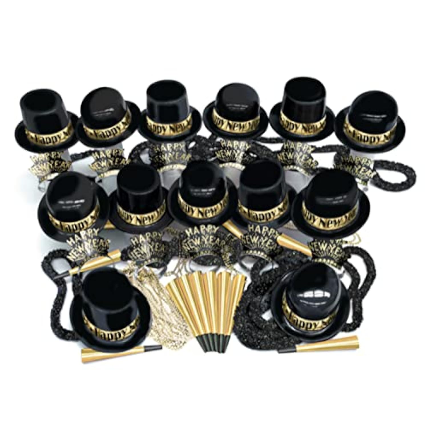 New Year 2026 Party Supplies 250pcs Black Gold Hats Beads Noisemakers