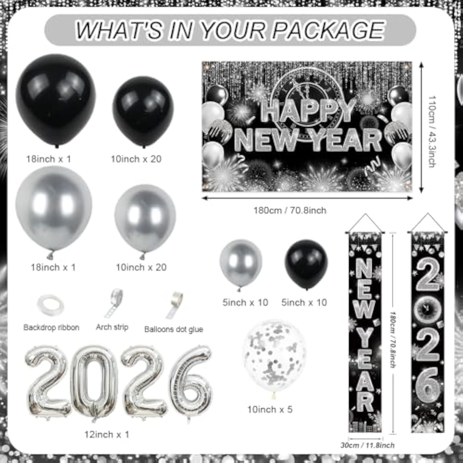 75pcs Black Silver New Year 2026 Decorations Banner Balloon Arch Kit