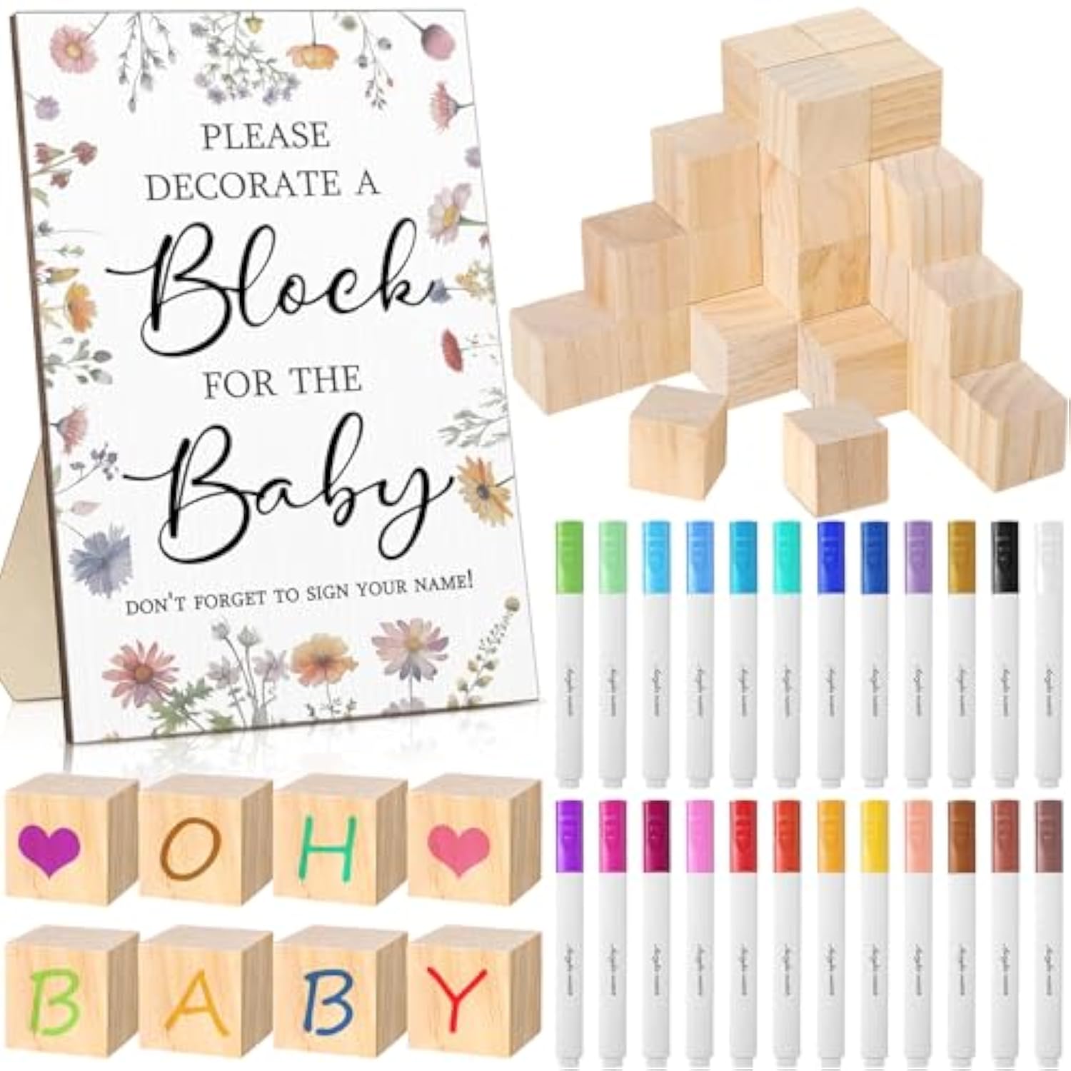 75 Pcs Baby Shower Games Sign Kit Including Decorate A Block Game Sign 50 Diy Blank Wooden Block 24 Acrylic Paint Marker Baby Shower Prize For Winners Gender Reveal(Pastel,Wildflower)