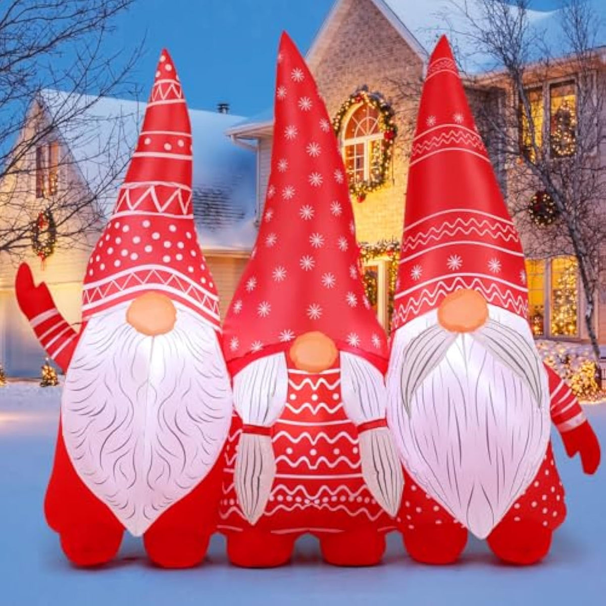 6.8 Ft Width Christmas Inflatable Gnomes Outdoor Decoration Blow Up Yard Three Xmas Midgets Holding Hands With Built-In