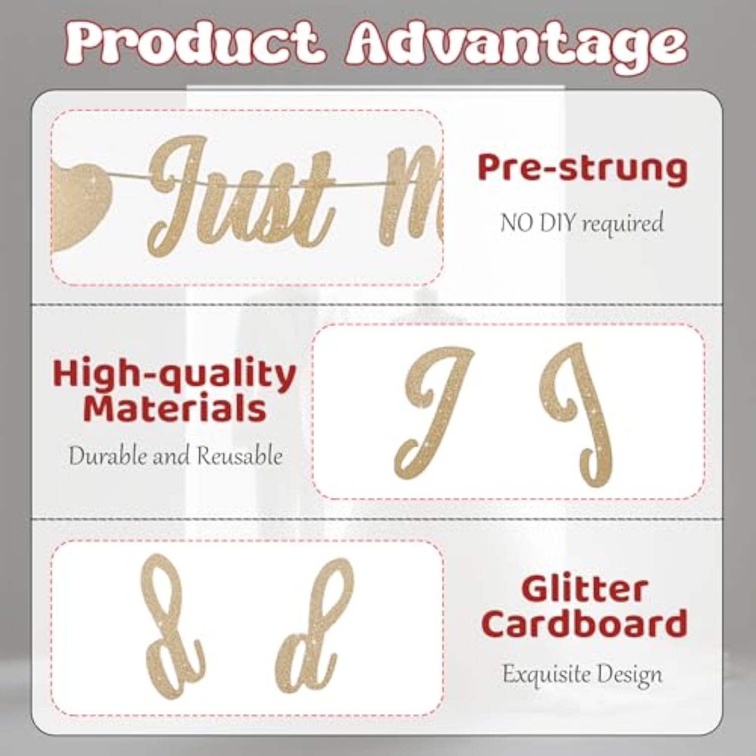 Just Married Banner, Pre-Strung Glitter Wedding Decorations For Reception, Just Married Car Decorations, Wedding Signs For Ceremony And Reception