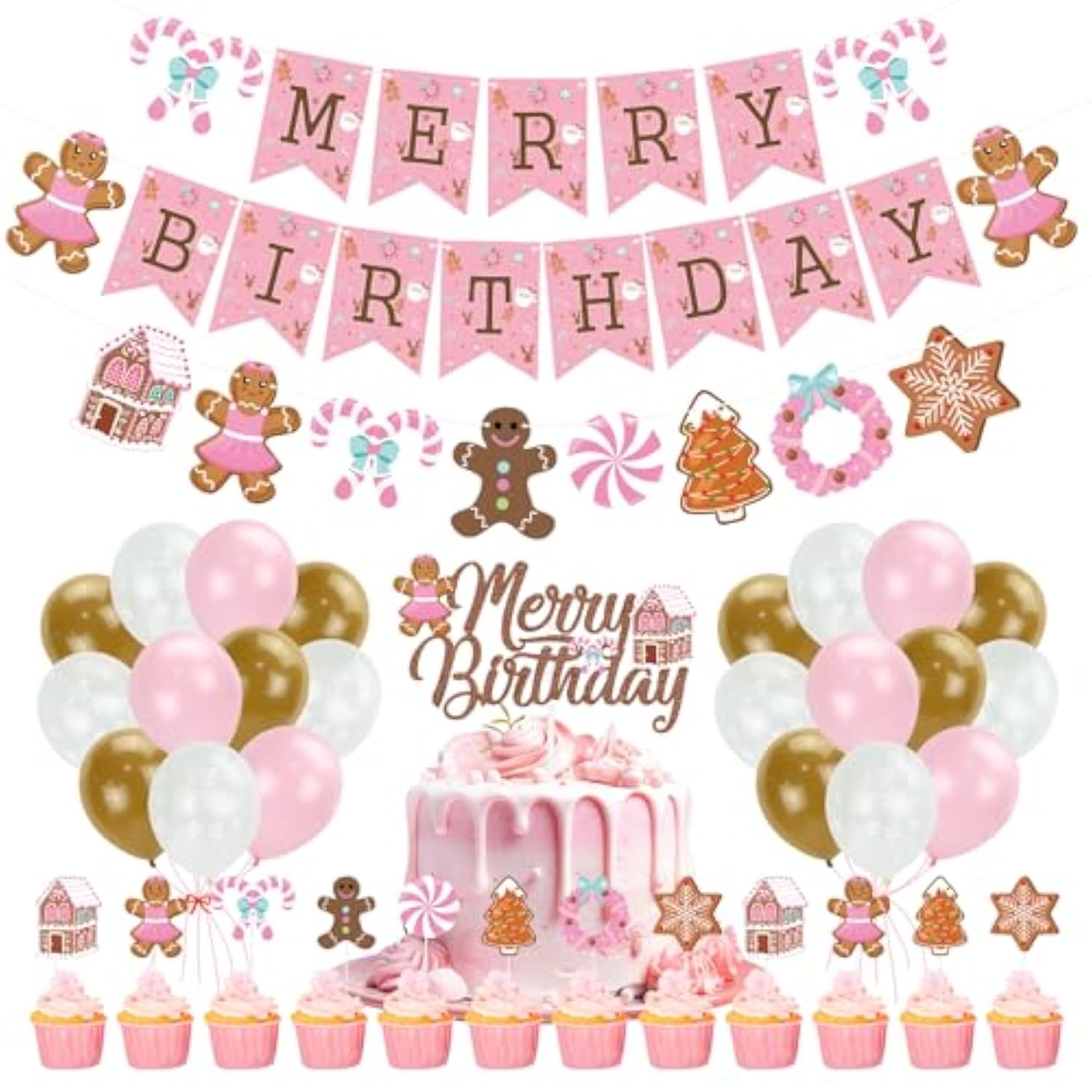 Pink Gingerbread Man Christmas Banner Candy House Party Decor