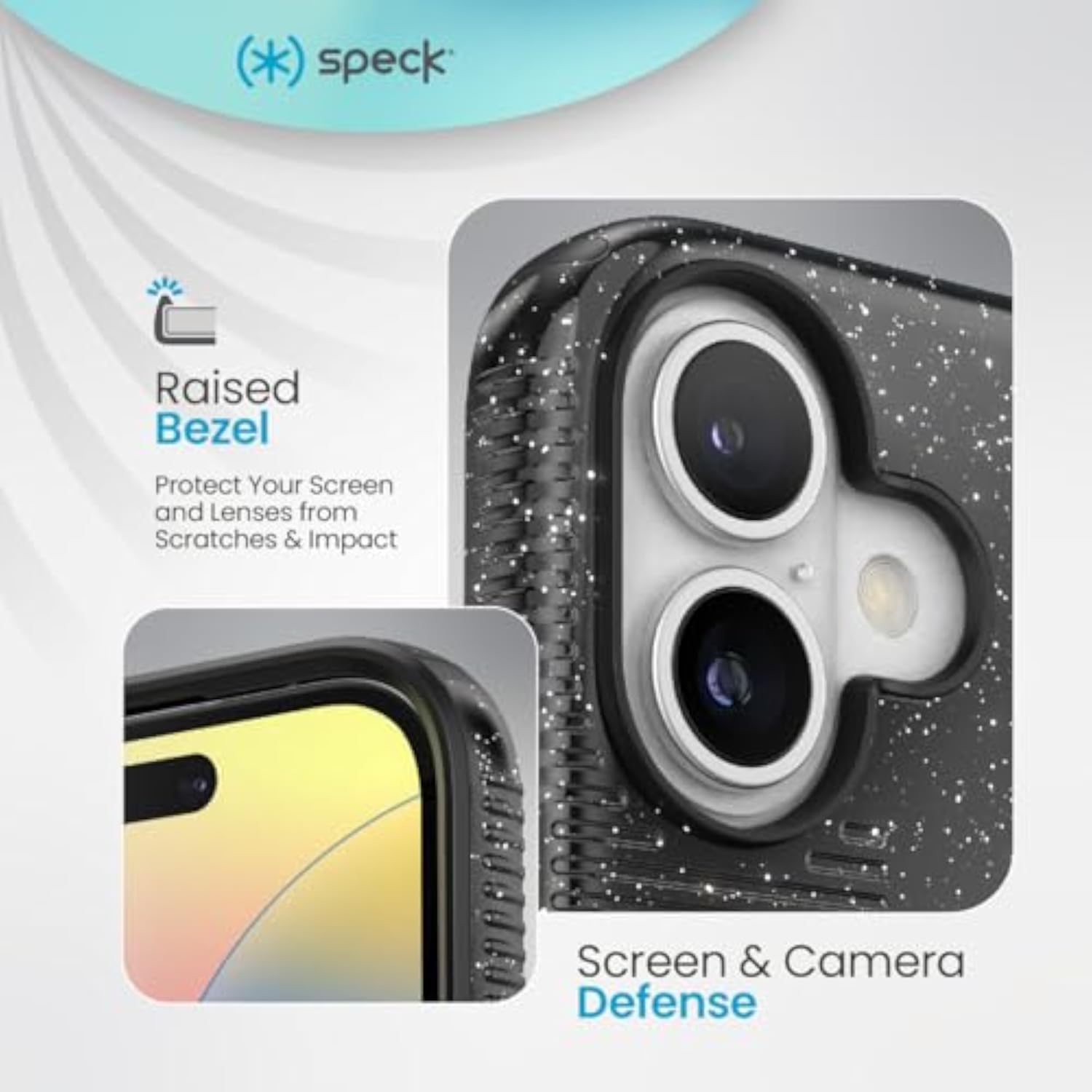 Speck CandyShell Grip iPhone 16 Case - Slim MagSafe - Black Glitter/Steel Black