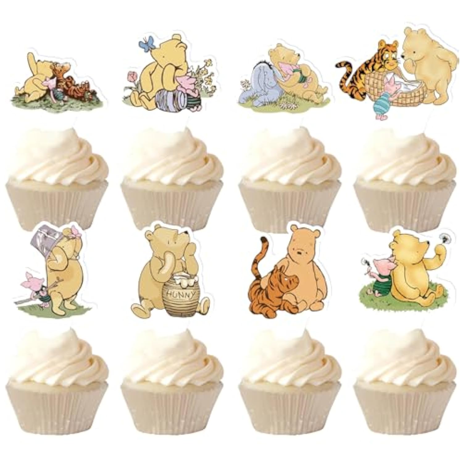 48Pcs Winnie Bear Cupcake Toppers, Classic Bear Themed Decorations For Baby Shower/Birthday 8 Designs
