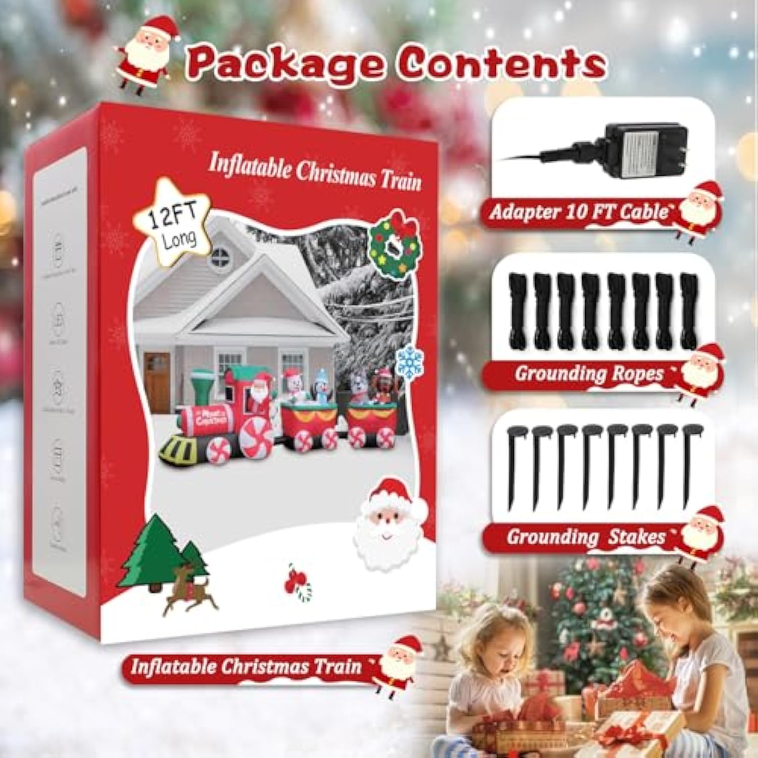 12 Ft Christmas Inflatable Train With Santa Claus, Snowman, Penguin, Dog, Blow Up Santa Train Yard Decorations Built-In