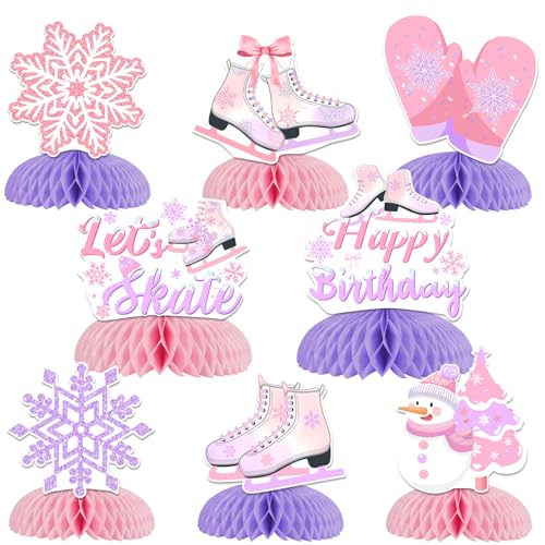 Ice Skating Birthday Honeycomb Centerpieces, Ice Skating Party Decorations Honeycomb Centerpieces Lets Skate Snowflake Table Decorations Pink Purple for Winter Birthday Party