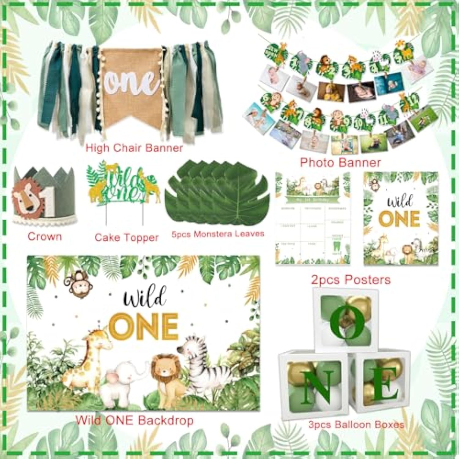 Wild One Birthday Decorations,Jungle Safari Animal Theme First Birthday Decorations Baby Shower Party Supplies For Boy Girl Photo Banner, Balloon Box, Balloons Garland, High Chair Banner, Backdrop