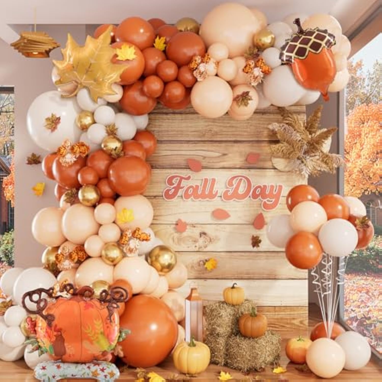 Fall Balloon Arch Kit with Burnt Orange White Gold Pumpkin Balloons for Thanksgiving