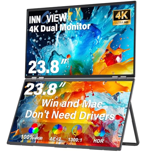 Dual Portable Monitor 23.8" 3840X2160P 4K 100% Srgb 315°Adjustable Dual Stacked Foldable Monitor Built-In Speakers Screen Extender With Hdmi/Usb-C/Dp For Laptop Windows Mac