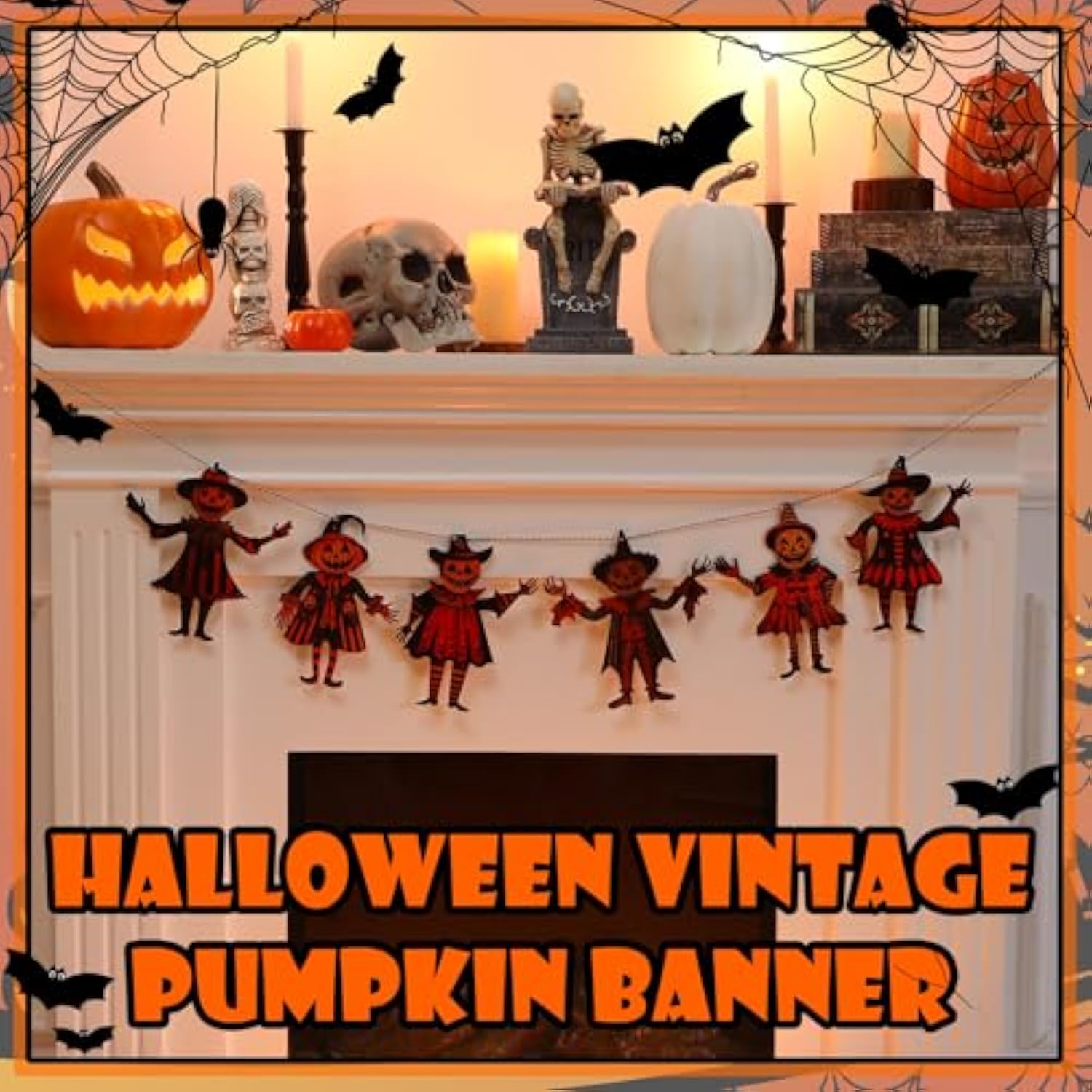 6.56Ft Halloween Vintage Garland - 7.87" Wooden Spooky Pumpkin Banner for Party Decor