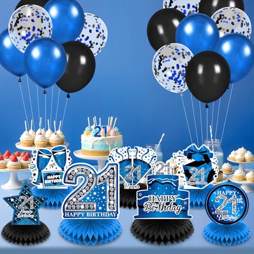 8Pcs Blue 21st Birthday Decorations Blue and Black Happy 21st Birthday Table Honeycomb Centerpieces for Table Decor 21st Birthday Table Topper for Men Women 21st Birthday Anniversary Party Supplies