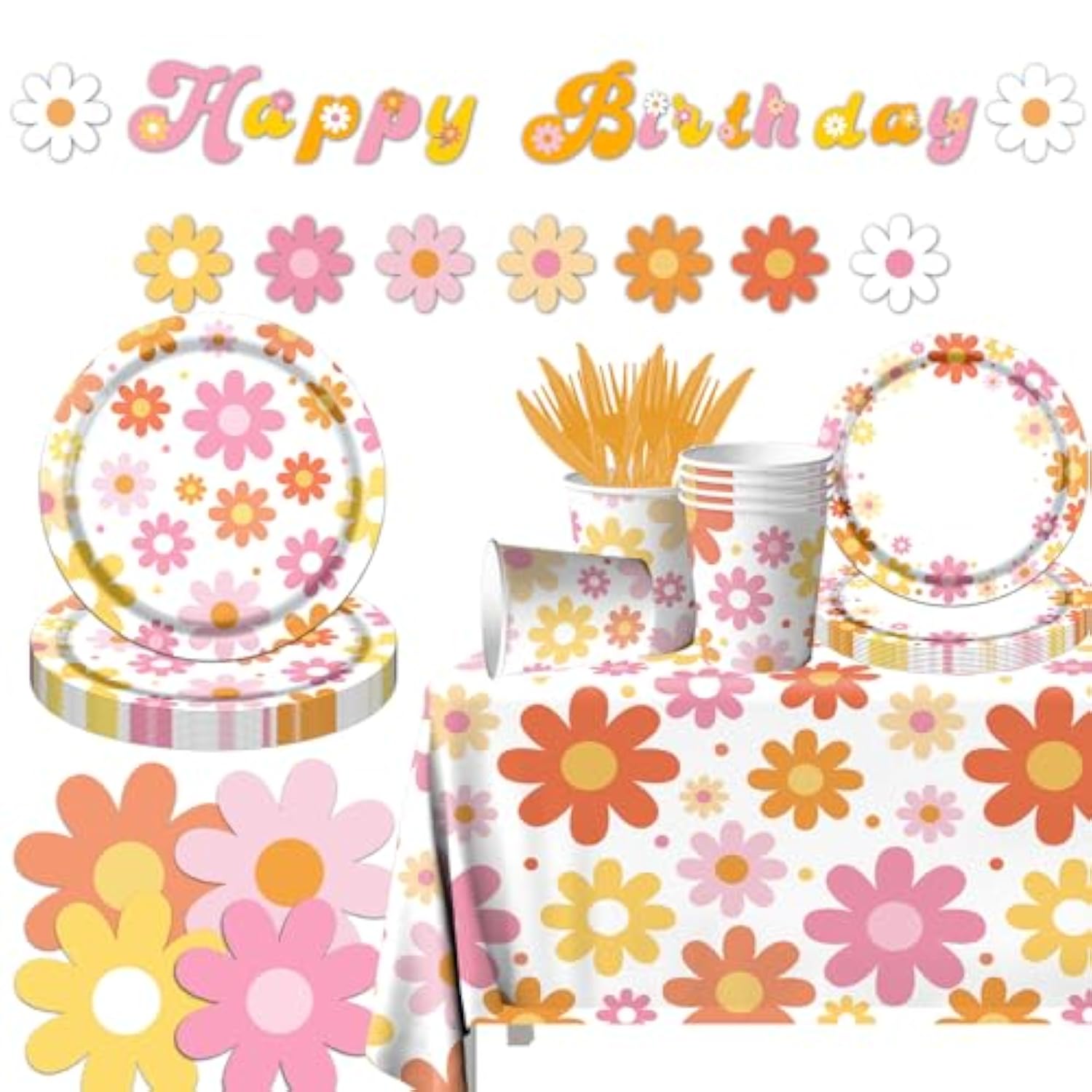 142Pcs Daisy Party Supplies – Groovy Boho Birthday Set with Plates, Napkins, Cups, Tablecloth & Banner