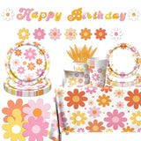 142Pcs Daisy Party Supplies – Groovy Boho Birthday Set with Plates, Napkins, Cups, Tablecloth & Banner