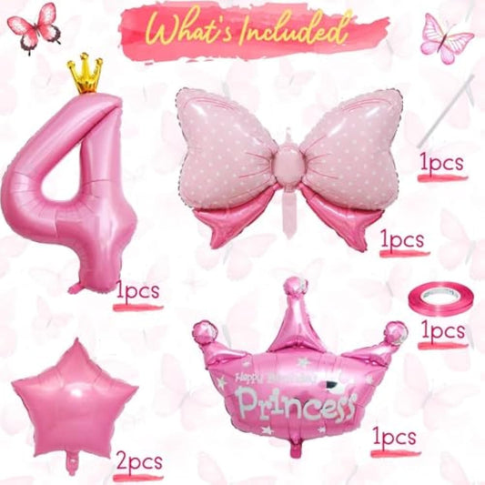 Pink 4Th Birthday Decorations, Pink 4Th Birthday Balloon Set With 40 Inch Pink Number 4, Large Helium Foil Mylar Princess Crown Balloon, Pink Bow Foil Balloons For Girls Birthday Party Decoration