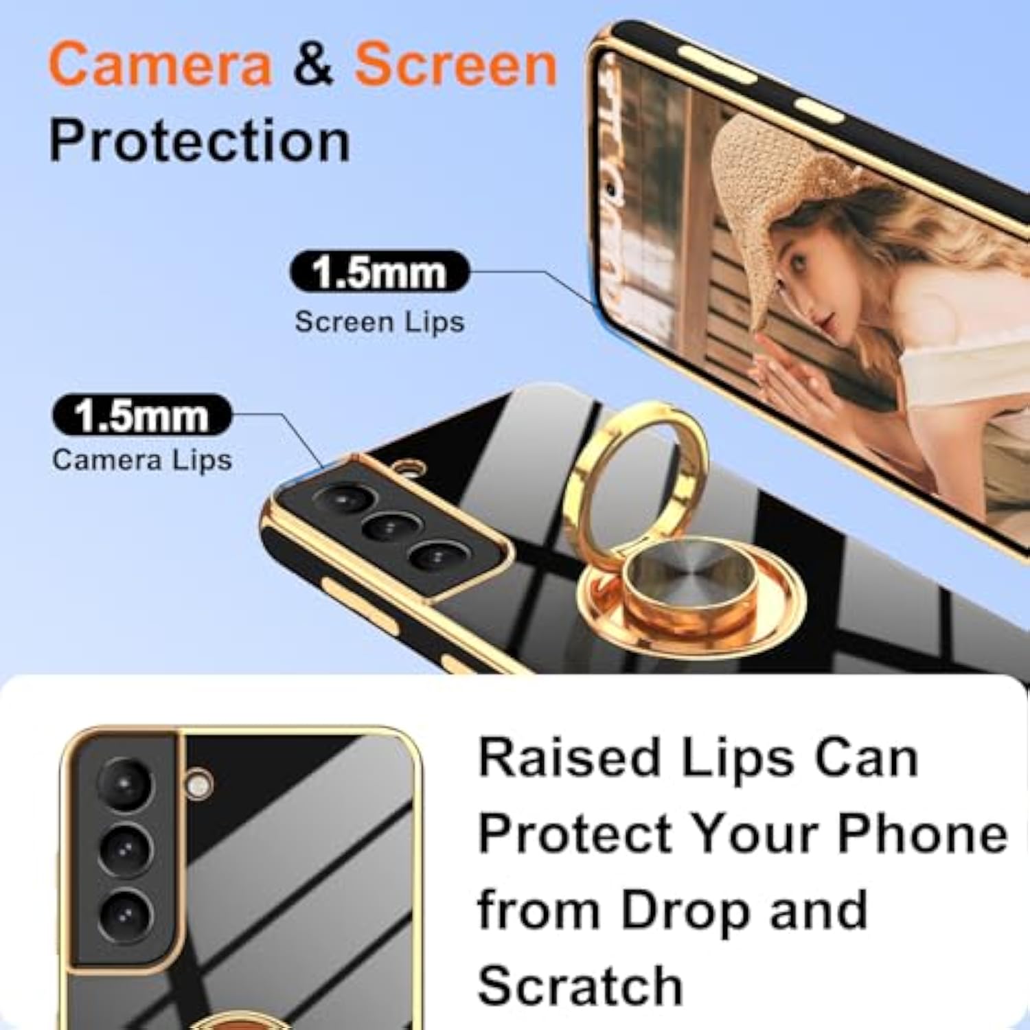 For Samsung Galaxy S21 Case: With 2Pcs Screen Protector, 360° Rotation Ring Holder Magnetic Kickstand Plating Gold Edge Soft Tpu Shockproof Protective Cover For S21, Black