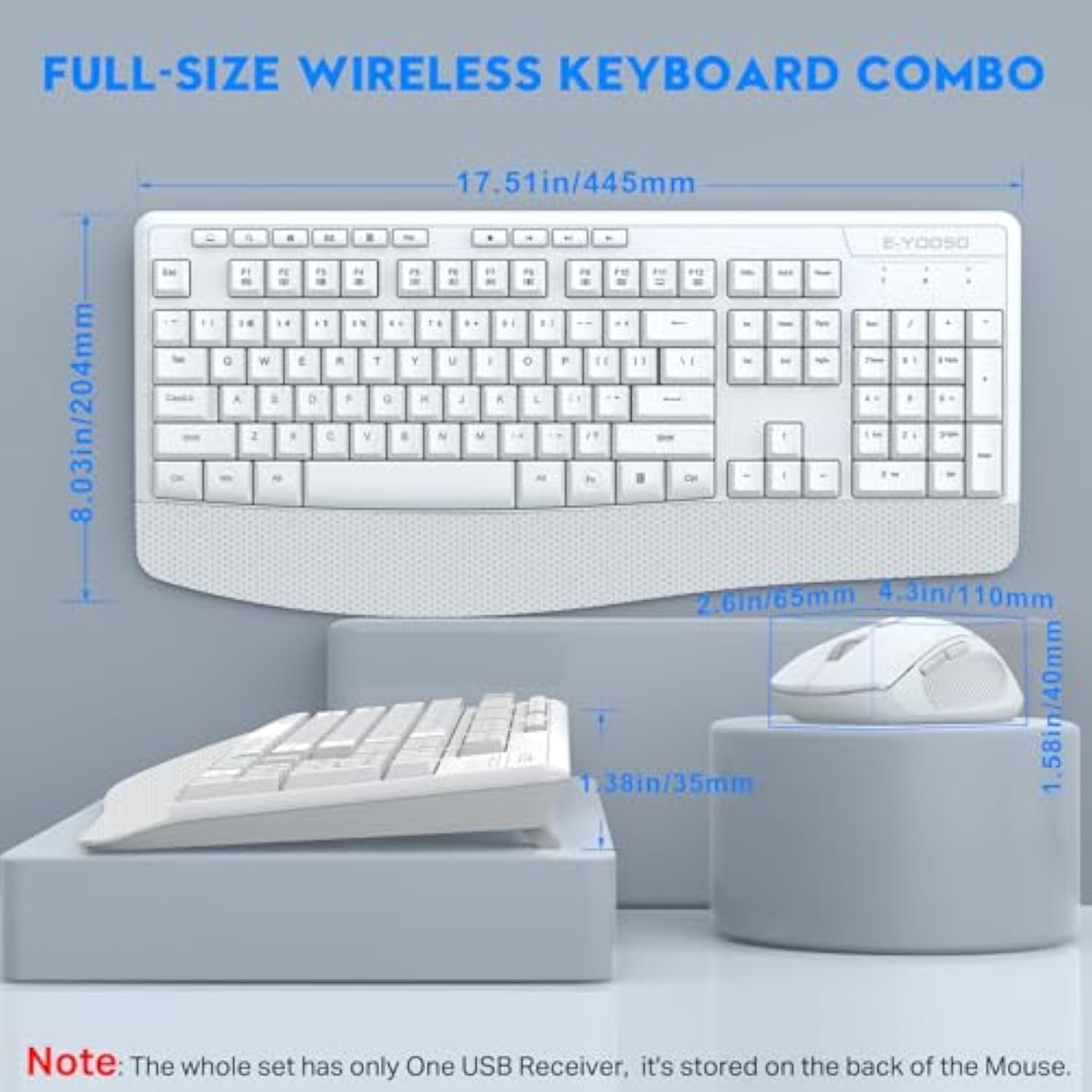 Wireless Keyboard And Mouse Combo, 2.4Ghz Full Sized Ergonomic Wireless Keyboard With Wrist Rest, 3 Dpi Adjustable And 6 Buttons Cordless Usb Mouse For Computer, Laptop, Pc, Windows (White)