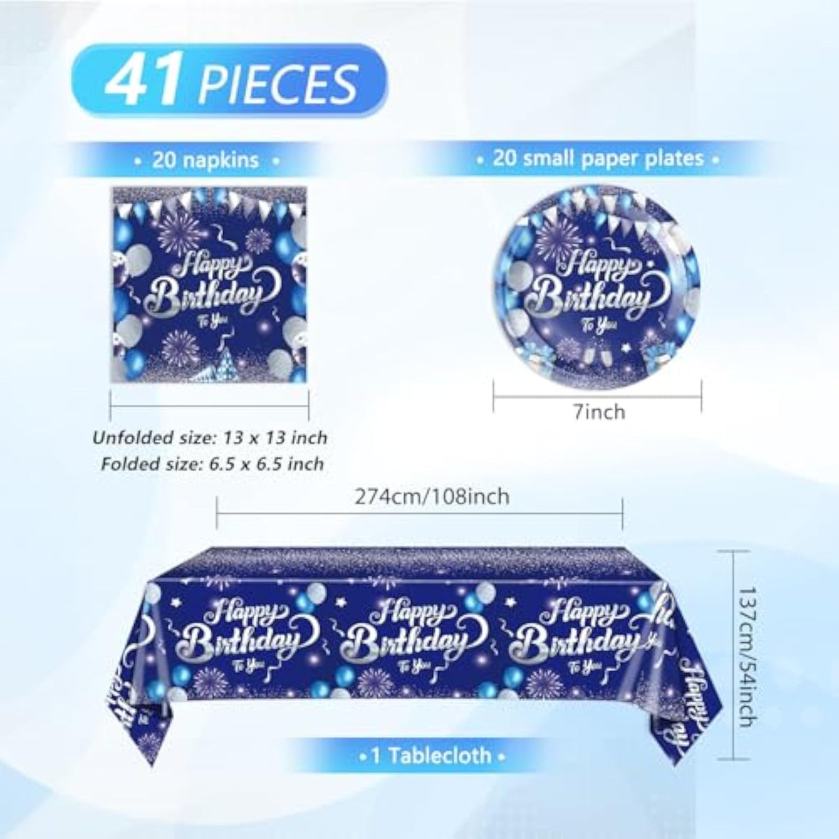 41Pcs Blue Birthday Decorations,Happy Birthday Party Tableware Set Navy Blue Silver Happy Birthday Paper Plates Napkins Tablecloth?birthday Decorations For Men Boys,Serve 20