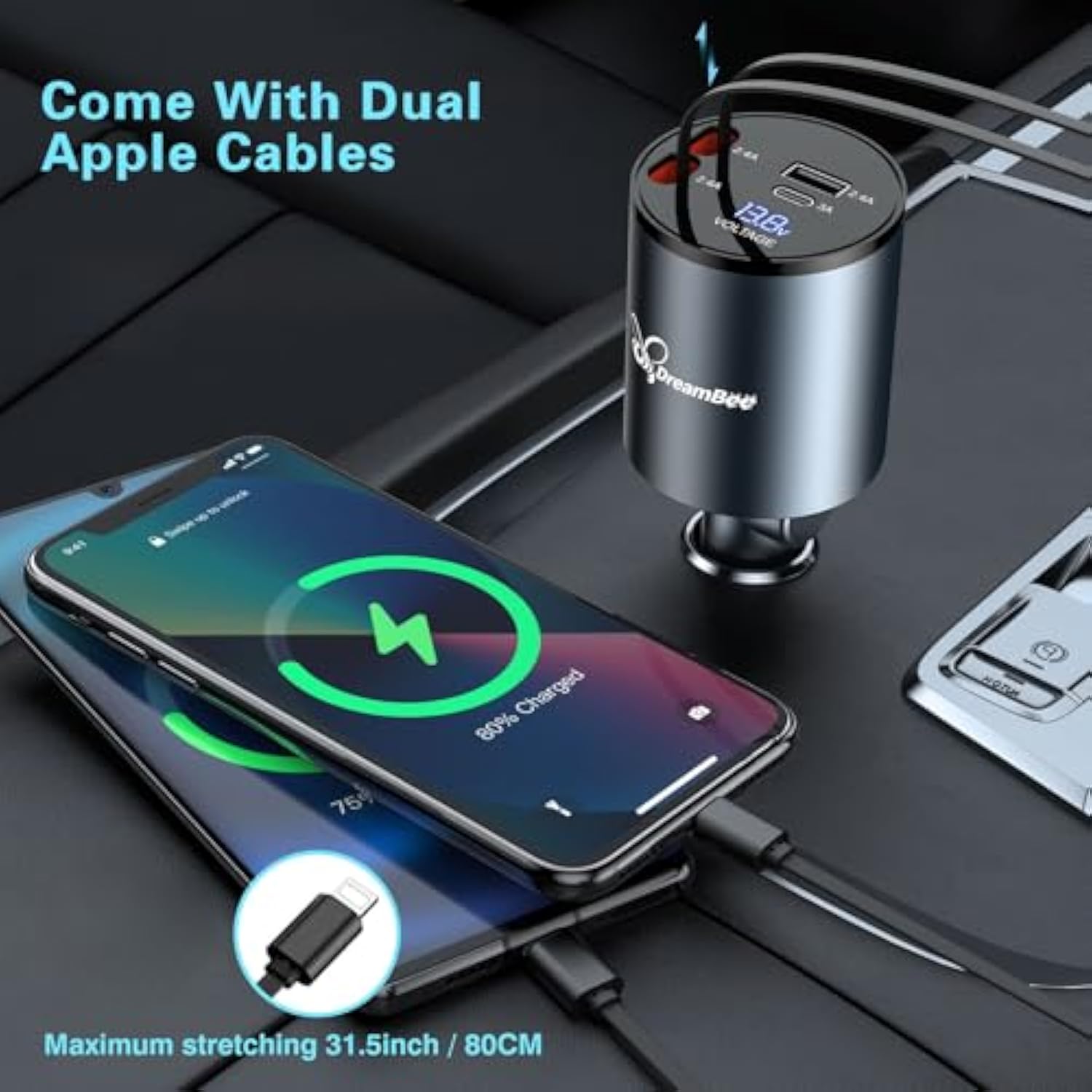 Retractable Car Charger,68W Super Fast Usb Car Phone Charger,Dual Typec Retractable Cables (31.5 Inch) And 2 Usb Ports Car Charger Adapter For Samsung Galaxy S23+/S23/ S22 Iphone 15/14,Ipad
