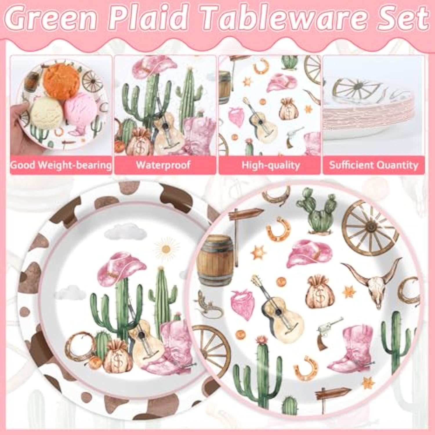 50Pcs Western Cowgirl Party Paper Plates Cowgirl Party Decorations For Girls Pink Western Theme Dessert Plates Wild West Cow Print Tableware Decor For Baby Shower Rodeo Birthday Serves 50
