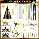 288 Pcs 2025 New Year Party Kit with Crowns, Glasses, Hats, Noisemakers, and Necklaces