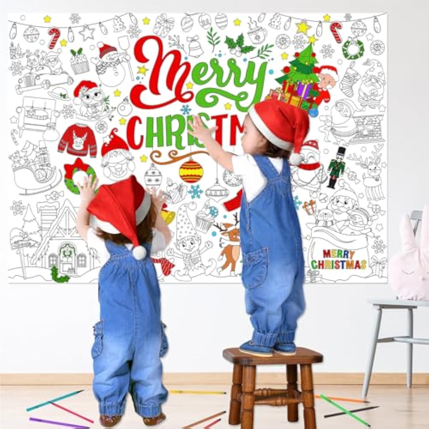 Merry Christmas Coloring Poster With 24 Pcs Paint Pens,Xmas Holiday Jumbo Paper Coloring Banner,Christmas Paper Coloring Tablecloth Christmas Party Favors Kids Holiday Activities