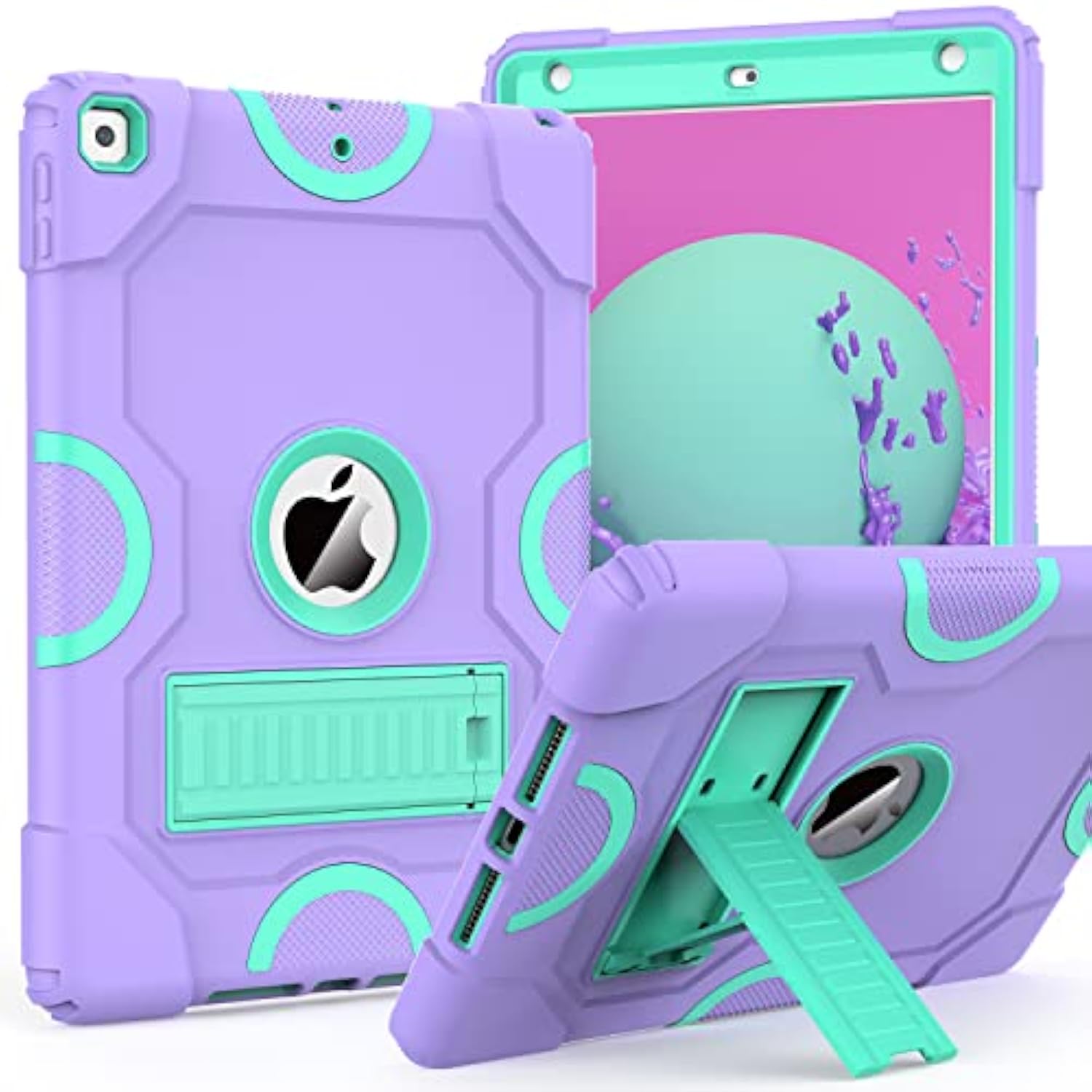 For 9Th Generation Case, 8Th 7Th Generation Case, 10.2 Inch 2021/2020/2019 Case, Heavy Duty Rugged Shockproof Protective Cover With Kickstand For Kids Boys Girls Purple/Green