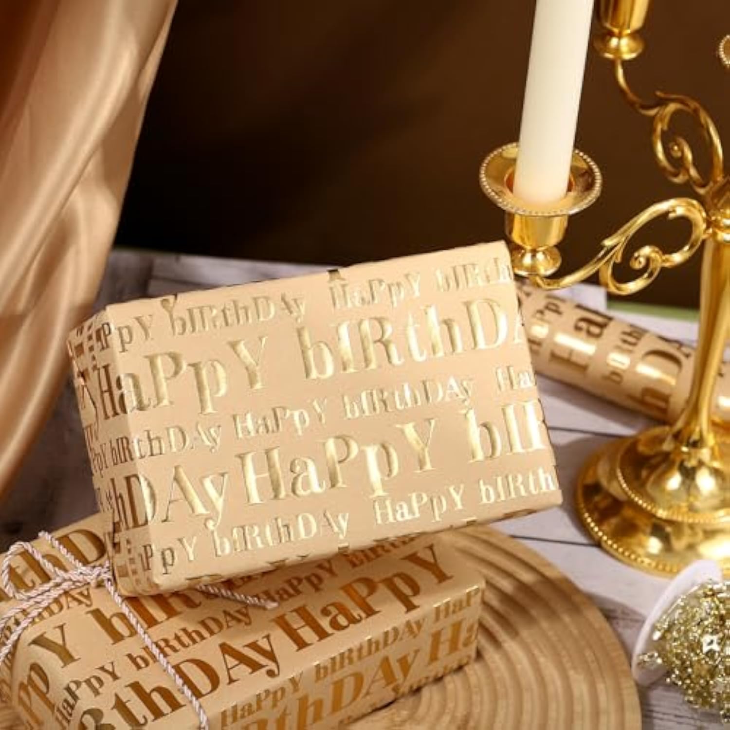 3D Kraft Birthday Wrapping Paper Roll - Mini Roll - 17 Inch X 16.5 Feet - Gold And Brown Happy Birthday Lettering Design With Embossed Perfect For Holiday, Party Celebration