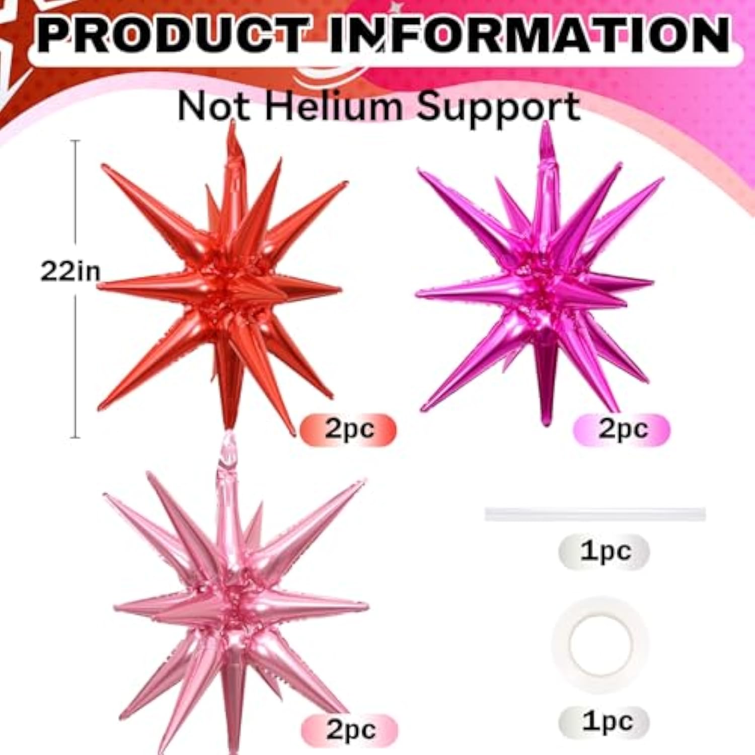 6Pcs Star Balloons, 22Inch Huge Hot Pink Red Pink Star Balloon Foil Spike Cone Balloons For Girls Women Birthday Bridal Shower Valentine'S Day Party Decorations