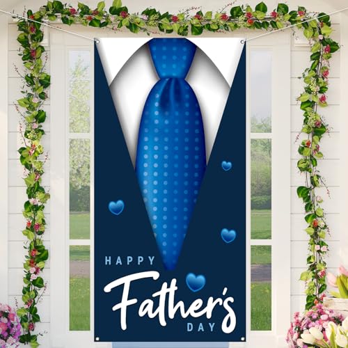 Happy Father’s Day Door Cover First Fathers Day Photo Backdrop Blue Necktie Super Dad Fathers Day Party Decorations and Supplies for Home Party-71×35''