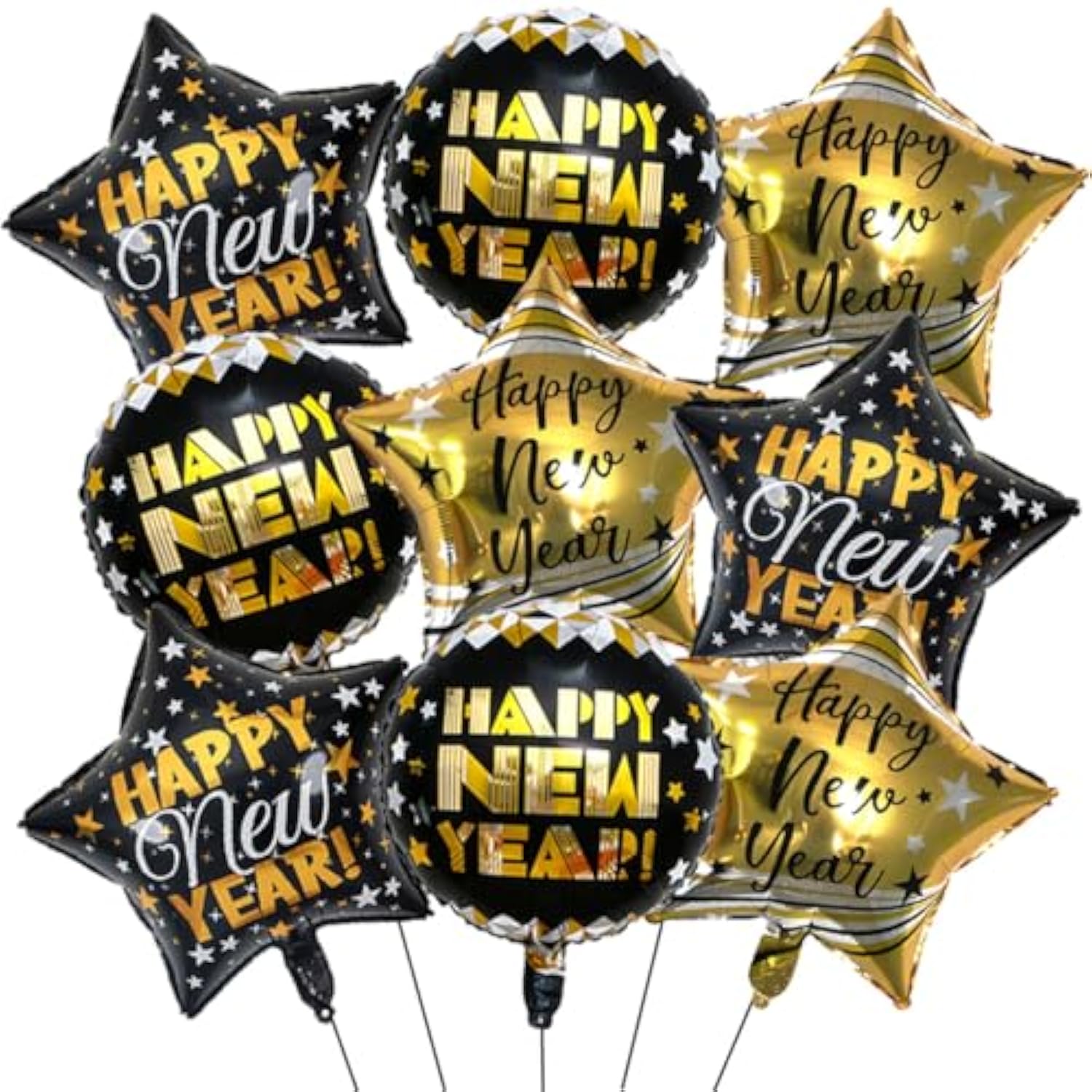 9pc Black and Gold Happy New Year Foil Balloons Party Decorations