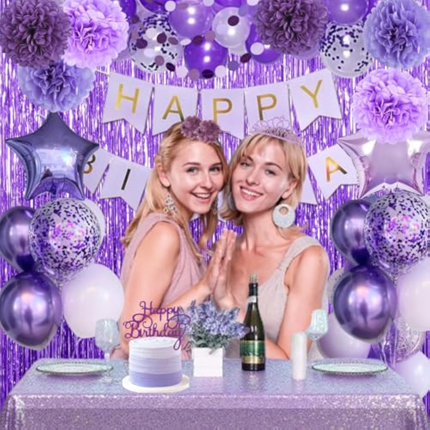 Purple Birthday Decorations, Purple Party Balloons With Happy Birthday Banner Fringe Curtain Paper Pompoms, Circle Garland For Women Men Boys Girls Princess Birthday Decor