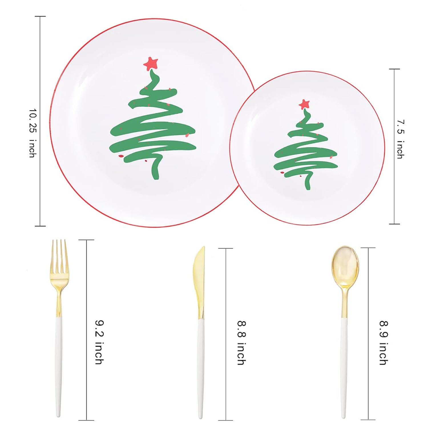 Liyh 150 Pcs Plastic Christmas Disposable Dinnerware Set, Disposable Christmas Plastic Plates With Red Rim, Gold Cutlery With White Handle, Tableware Dishes For Xmas Day 30 Guests