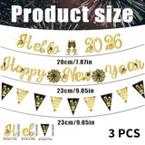3 Pc Happy New Year Black Gold Banner with Pom Flags Swirls and Garland