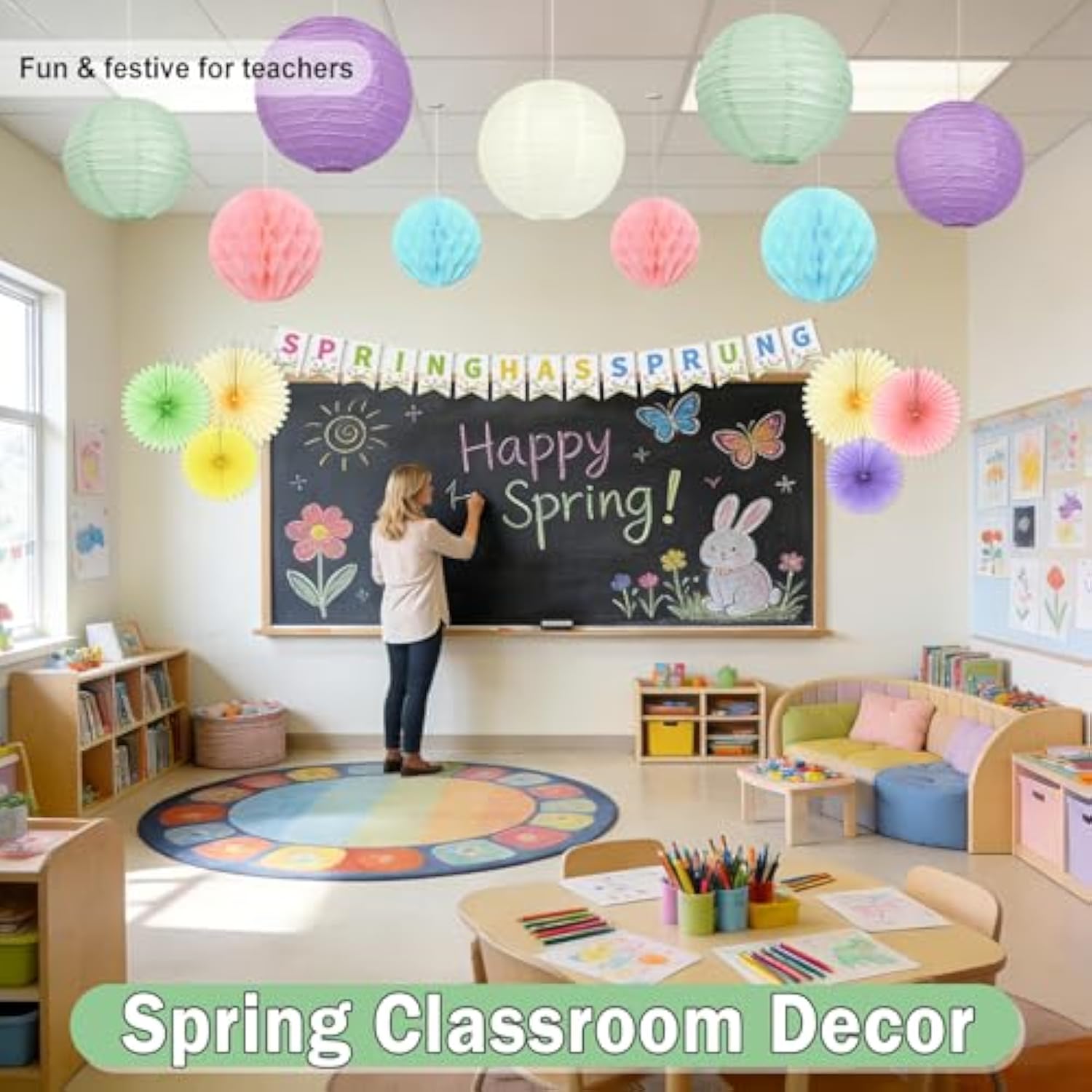 16 Pcs Spring Hanging Decorations With Spring Banner, Pastel Paper Fans, Lanterns & Honeycomb Balls – Spring Decorations For Office, Classroom, Baby Shower, Wedding & Easter Wall Decor