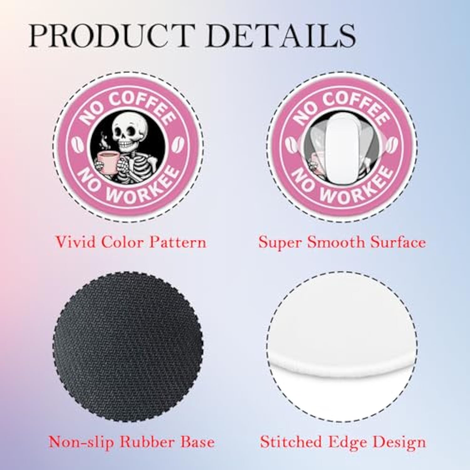 Funny Coffee Round Mouse Pad, No Coffee No Workee Mousepad For Desk, Cute Skeleton Skull Mouse Mat With Non-Slip Rubber Base, Coffee Lover Gifts, Office Gag Gifts For Teacher Coworker Boss