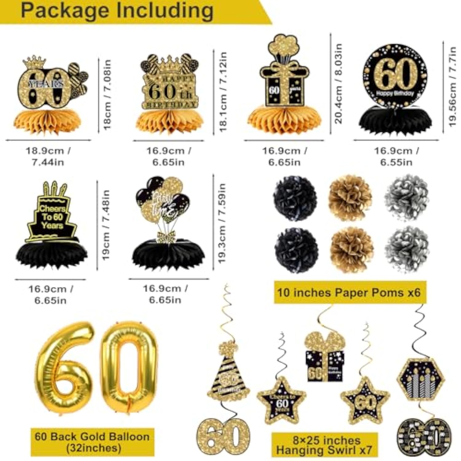 60Th Birthday Decorations For Men Women,24Pcs 1965 Banner Decorations,Including Banner,6 Honeycomb Topper,60 Balloons,Cheers To 60 Years Banner,7 Hanging Swirl,6 Paper Poms,Anniversary Card,Sash