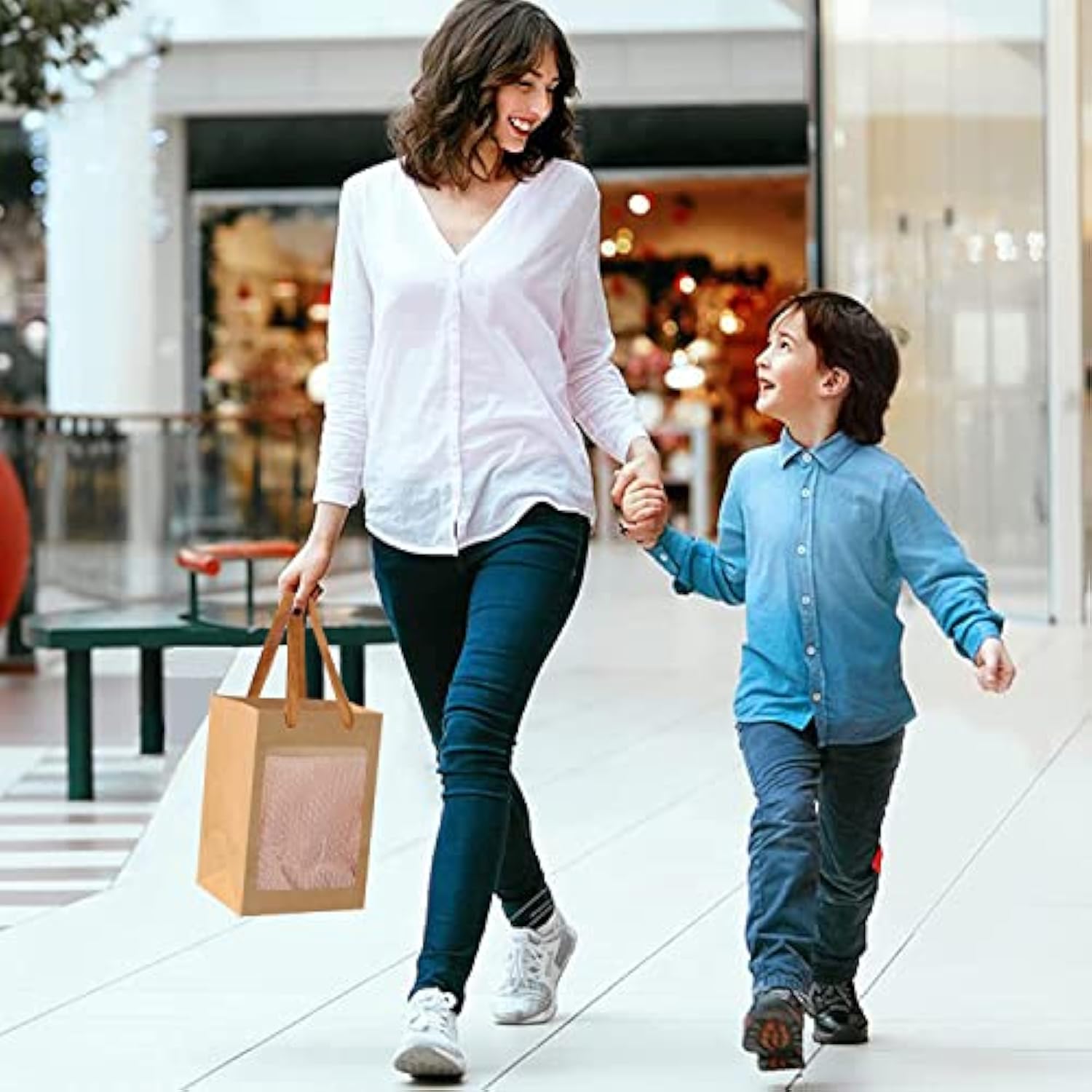 12 Pcs Brown Paper Gift Bags With Transparent Window, 9.84"X7.0"X5.12" Kraft Shopping Bags With Handles For Bouquet Christmas Birthdays Festivals Party Weddings Wrapping