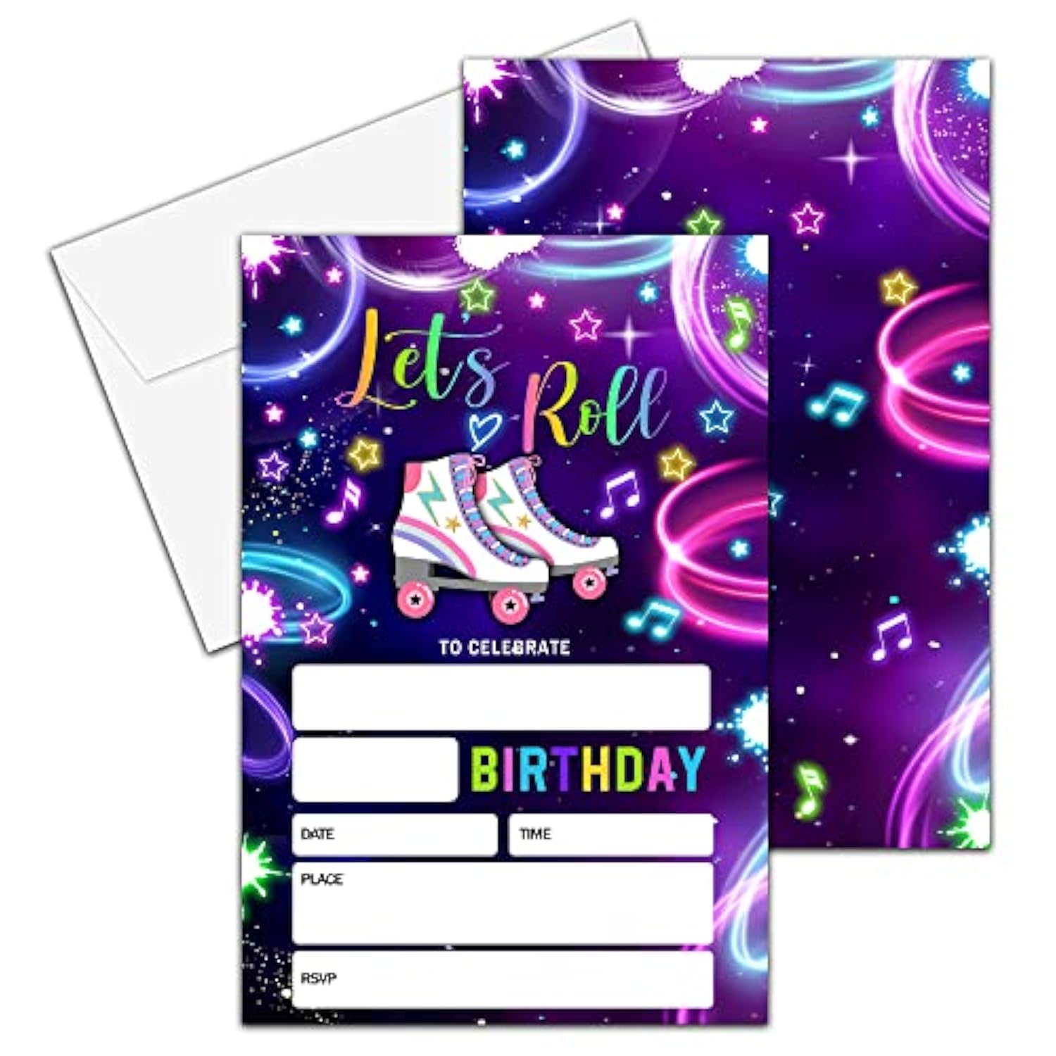 Birthday Invitations, 4"X6" Neon Roller Skating Birthday Party Invitations With Envelopes For Neon Glow Skate Party Decorations Supplies(20 Pieces)-C08
