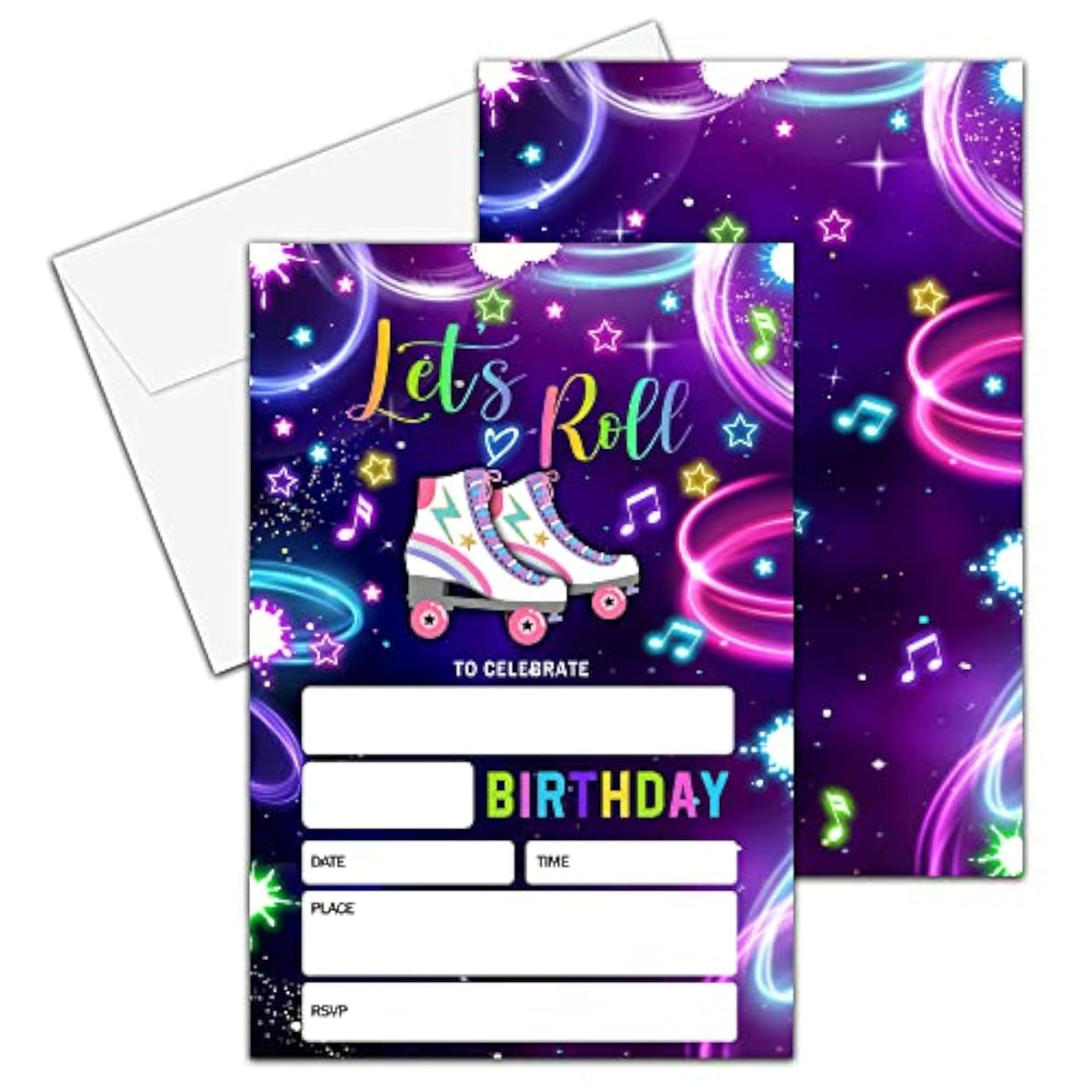 Birthday Invitations, 4"X6" Neon Roller Skating Birthday Party Invitations With Envelopes For Neon Glow Skate Party Decorations Supplies(20 Pieces)-C08