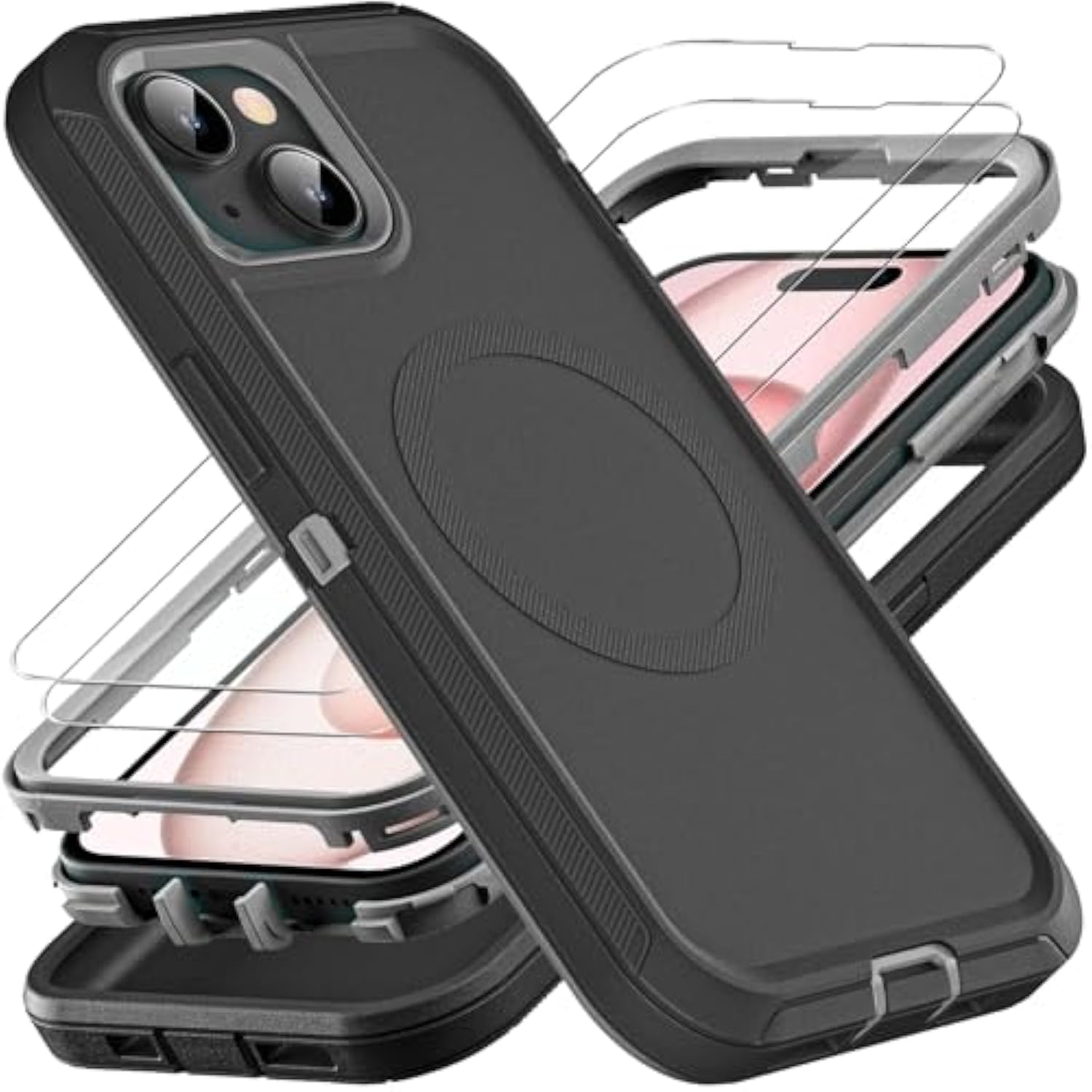 For Iphone 15 Case, Compatible With Magsafe, Military Grade 3 In 1 Heavy Duty Shockproof/Drop Proof/Dust Proof Case With 2Pcs Tempered Glass Screen Protector (New-Black/Grey)