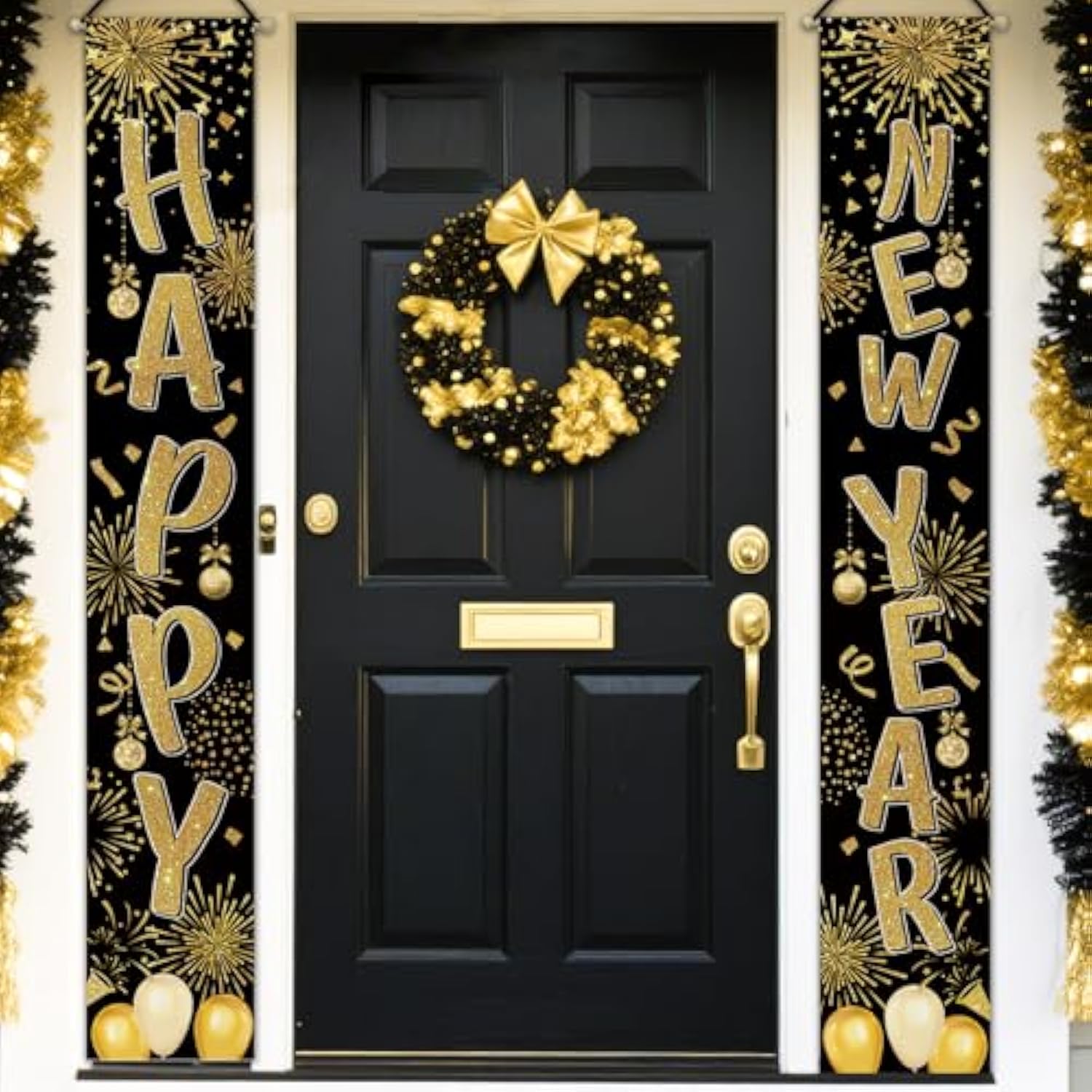 2026 New Year Porch Banner with Black Gold Fireworks and Balloons
